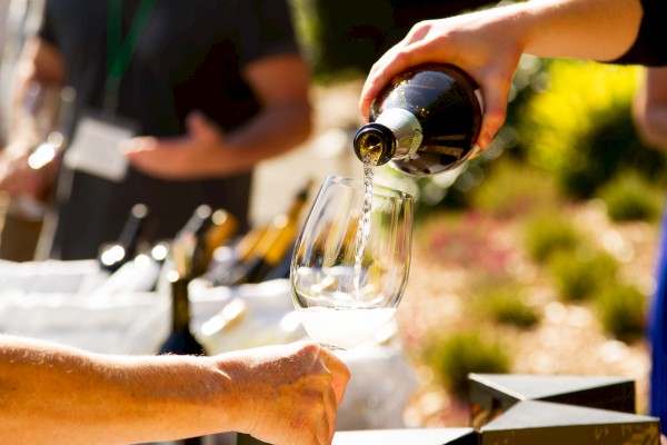 A person is pouring white wine into a glass outdoors, with another person holding the glass in a sunny setting.
