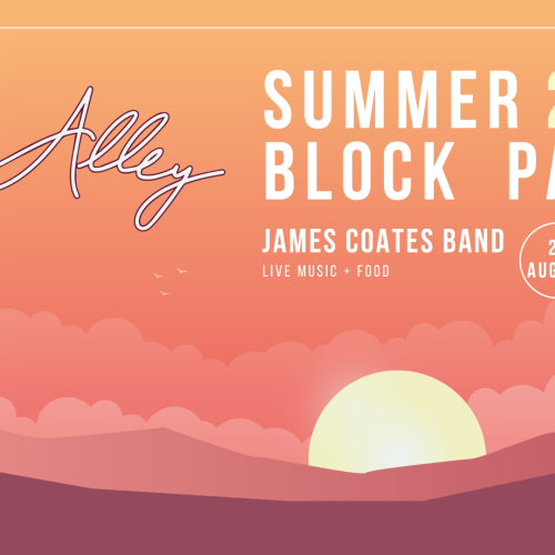 Wine Alley Summer Block Party poster with sunset, trees, August 24, 2025, 5-8 PM, live music by James Coates Band, and food.