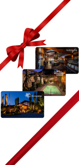 A vertical gift-wrapped collage of cozy hotel photos, ribbon diagonally crossing, suggesting a festive holiday gift package. ends with a period.