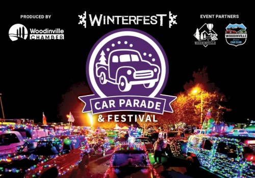 A lively car parade and festival scene at Winterfest, with colorful lights and a purple logo in the center.
