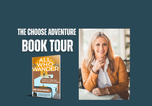 A promotional graphic for a book tour titled “All Who Wander,” featuring a small book cover and a photo of a smiling woman in a brown blazer, set against a teal background.