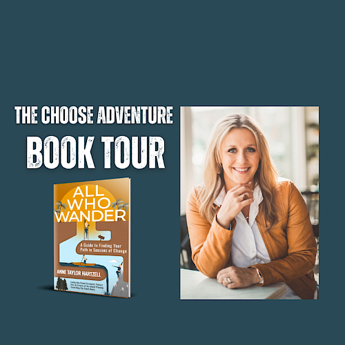 A promotional graphic for a book tour titled “All Who Wander,” featuring a small book cover and a photo of a smiling woman in a brown blazer, set against a teal background.