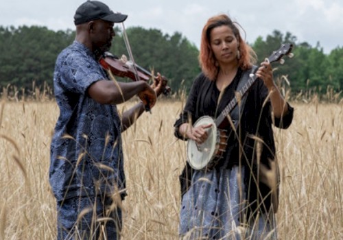 Two people are playing string instruments in a tall grass field, with trees in the background on a clear day.