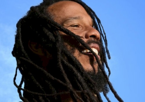 A person with long dreadlocks smiling against a blue sky background.