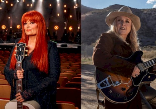 Two women holding guitars, one in an indoor concert setting with bright lighting, the other outdoors with mountains in the background.