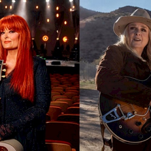 Two women holding guitars, one in an indoor concert setting with bright lighting, the other outdoors with mountains in the background.