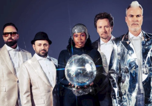 A diverse group of five people wearing stylish and shiny clothing, holding a disco ball, with a dark background and dramatic lighting.