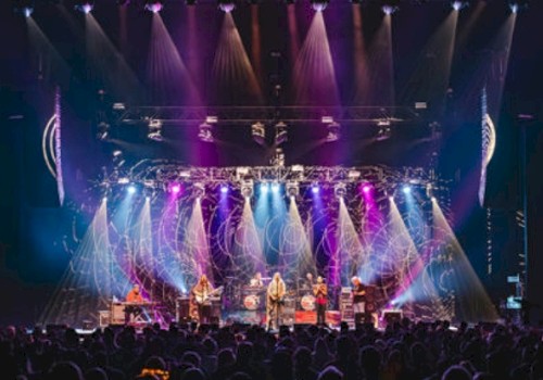 A live concert with a band performing on stage under colorful lighting, audience enjoying the show in a darkened venue.