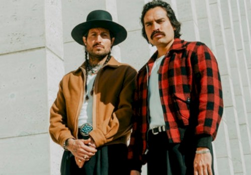 Two men with vintage style outfits pose outdoors, one with a wide-brimmed hat and the other with a mustache and checkered shirt.