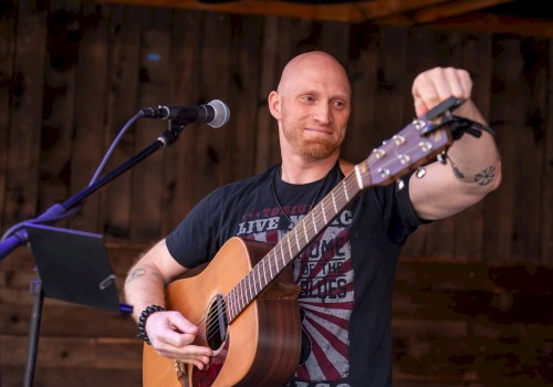 A man with a shaved head and beard is playing an acoustic guitar on stage, with a microphone nearby and a wooden background.