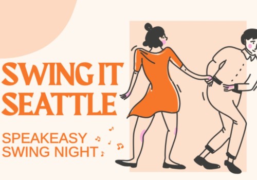 A line dancing event named 'Swing It Seattle' happening at Speakeasy Swing Night, with illustrated people dancing and musical notes.