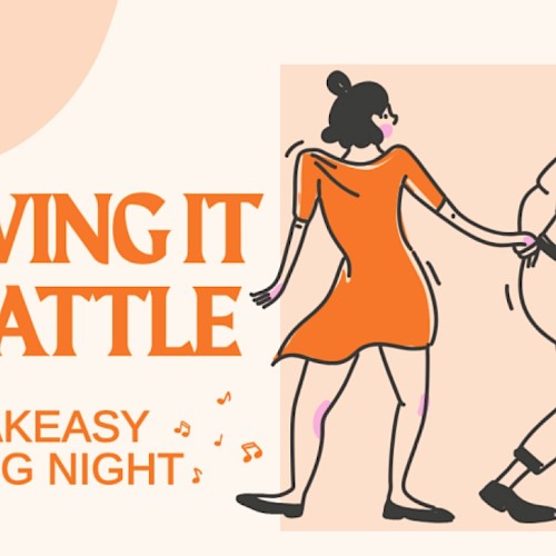 A line dancing event named 'Swing It Seattle' happening at Speakeasy Swing Night, with illustrated people dancing and musical notes.