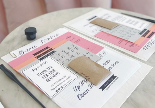 The image shows training materials, including worksheets, notes, and a thank you card, on a table for a calligraphy or handwriting class.