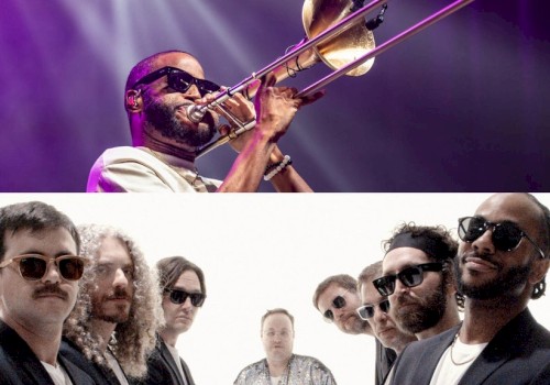 A trombone player performs on stage, and a group of six people in sunglasses poses against a white background.