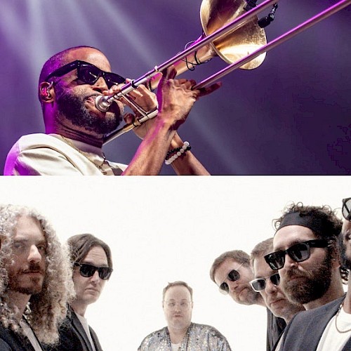 A trombone player performs on stage, and a group of six people in sunglasses poses against a white background.