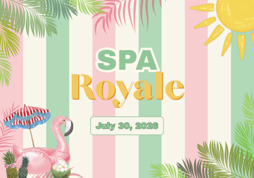 A colorful summer-themed design for SPA Royale with tropical leaves, a flamingo, pineapple, coconut, umbrella, and sun, dated July 30, 2026.