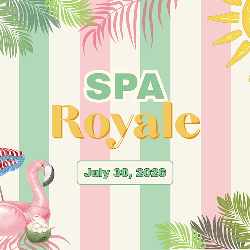 A colorful summer-themed design for SPA Royale with tropical leaves, a flamingo, pineapple, coconut, umbrella, and sun, dated July 30, 2026.