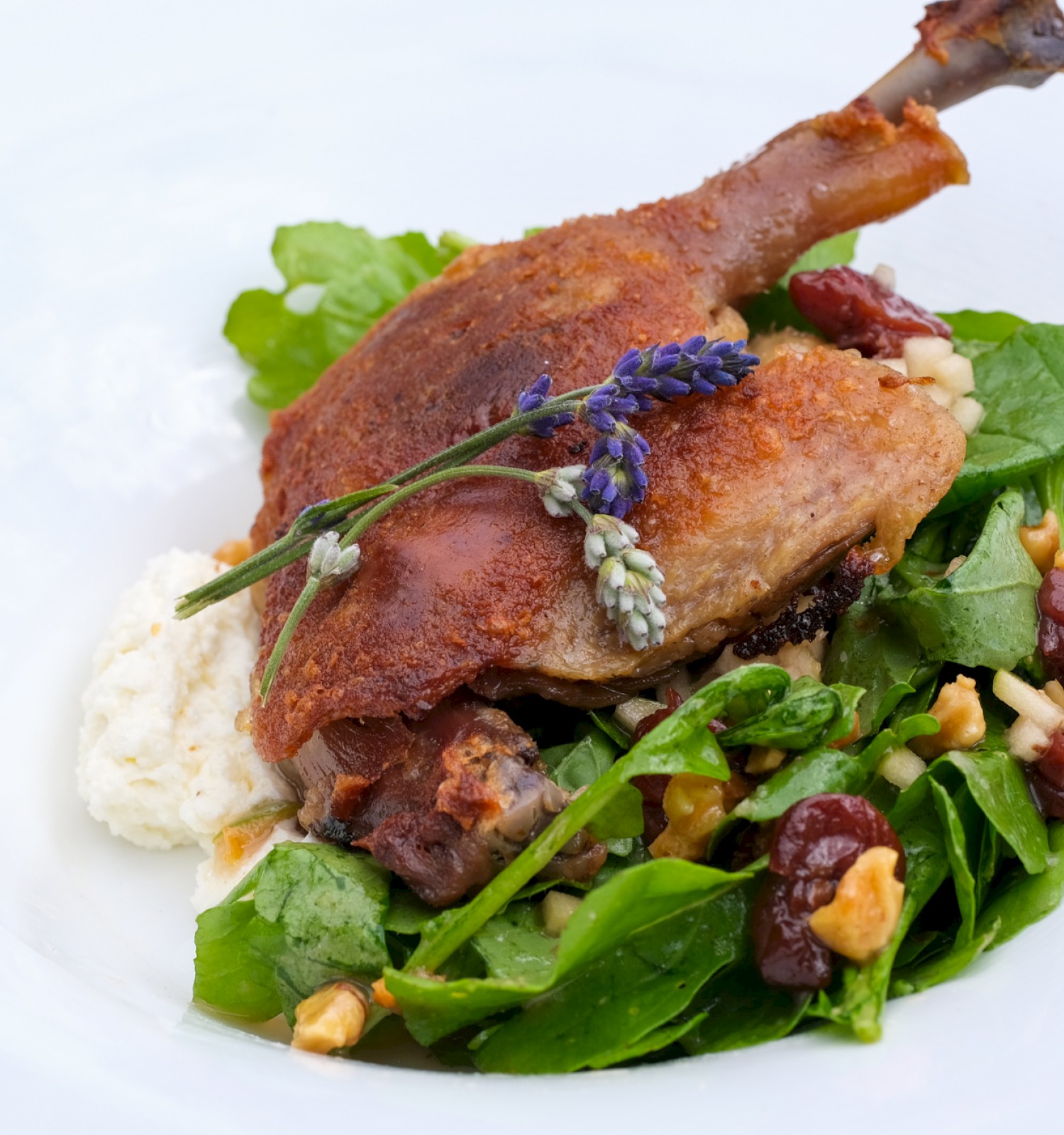 A plated dish features a roasted lamb chop garnished with a sprig of lavender, served with a green salad, nuts, dried fruit, and a dollop of creamy mashed potatoes.