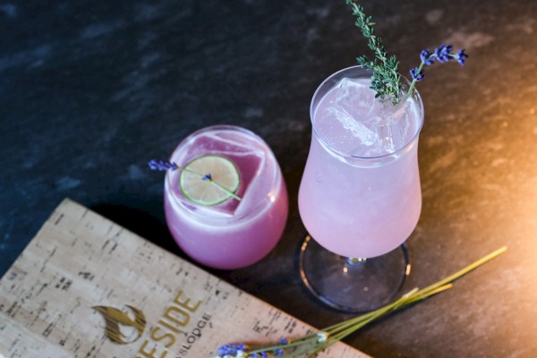Two pink cocktails with lavender garnishes are placed on a dark surface, next to a menu and some lavender sprigs.