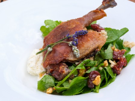 A plated dish with roasted meat, fresh greens, herbs, dried fruits, nuts, and a side of creamy mashed potatoes.