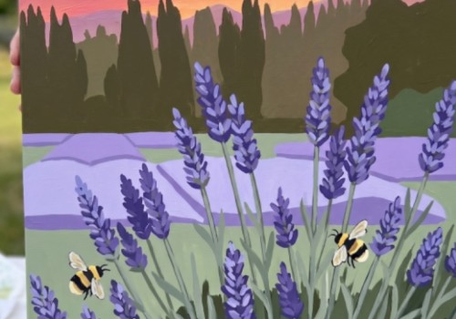 A colorful painting of lavender flowers with bees, a pond, tall trees, and mountains under a pink and orange sunset sky.