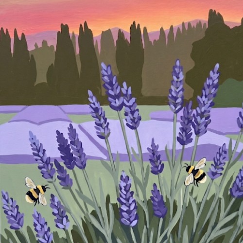 A colorful painting of lavender flowers with bees, a pond, tall trees, and mountains under a pink and orange sunset sky.