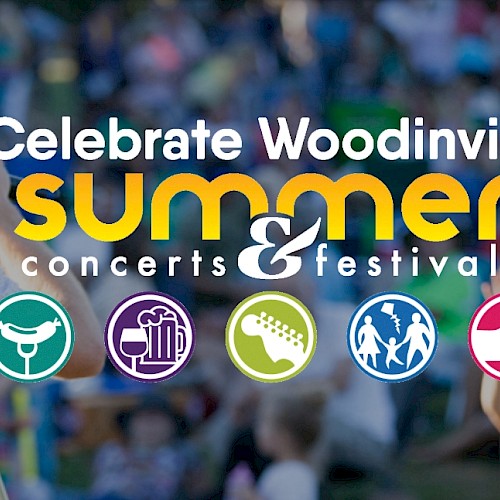 The image promotes the Woodinville Summer Concerts & Festival with icons for food, drinks, music, dancing, and family fun.