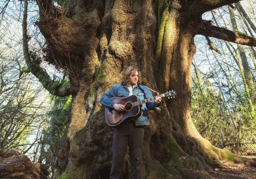 A person with long hair playing an acoustic guitar outdoors near an ancient, massive tree in a lush forest setting.