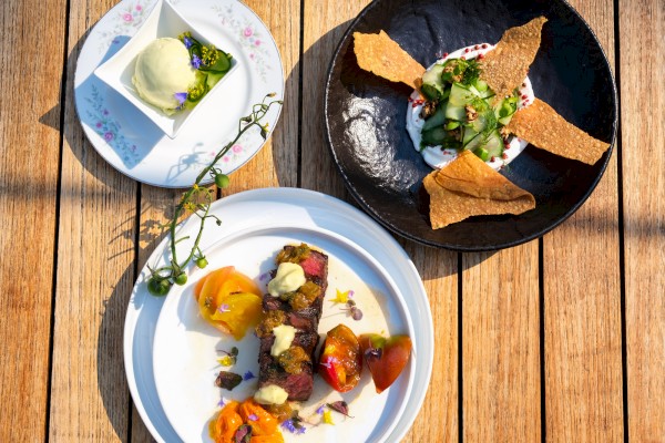 Three gourmet dishes displayed on wooden tables: a plate with steak, tomatoes, and sauces; a black plate with cucumber salad and crispy chips; a small square bowl with ice cream.