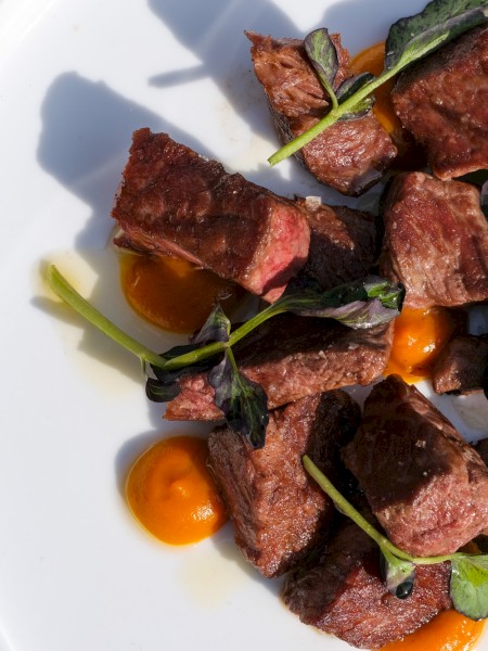Grilled beef chunks with herbs and orange sauce on a white plate with a wooden table.