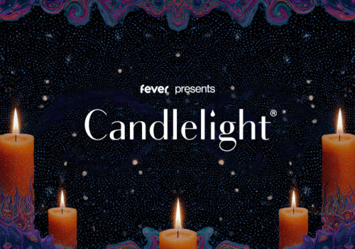 A promotional graphic for Candlelight, presented by Fever, featuring a starry night background with four lit candles around the edges.