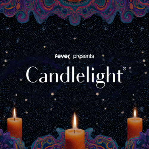 A promotional graphic for Candlelight, presented by Fever, featuring a starry night background with four lit candles around the edges.