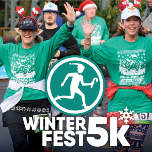 People dressed in festive holiday attire participate in a joyful winter-themed 5K race during Winter Fest, celebrating fun and community spirit.