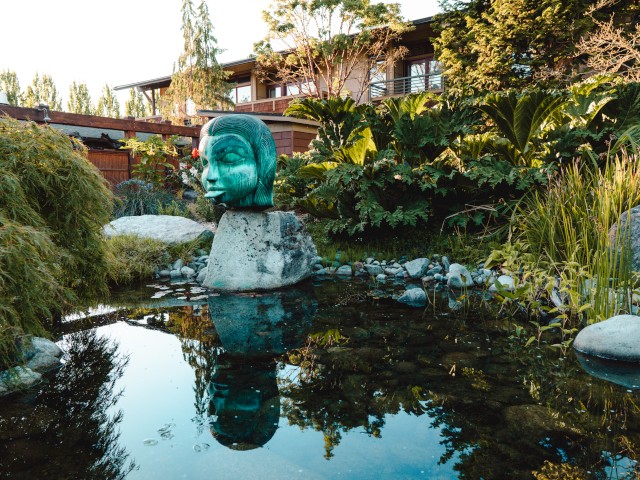 A garden pond with a green sculpture of a woman's head on a rock, surrounded by lush plants, rocks, and trees with a house in the background.