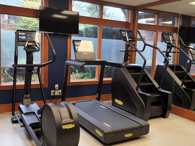 This image shows an empty gym room with treadmills, stationary bikes, and monitors, with large windows and a mirrored wall.