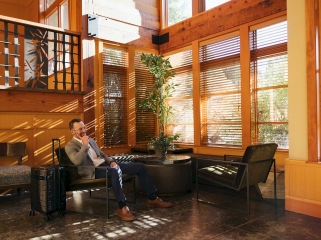 A man in a suit sits happily near a plant in a sunlit wooden interior with blinds, luggage, and modern furniture.