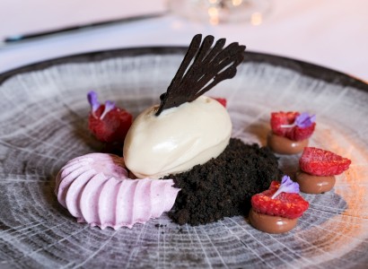 A gourmet dessert with ice cream, chocolate crumble, raspberries, pink cream, and decorative chocolate on a textured plate.
