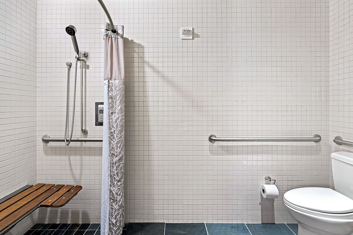The image shows an accessible bathroom with a shower, fold-down bench, grab bars, shower curtain, and a toilet with a grab bar beside it.