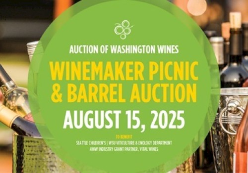 Image promoting a Winemaker Picnic & Barrel Auction on August 15, 2025, featuring Washington wines. Benefiting several organizations.