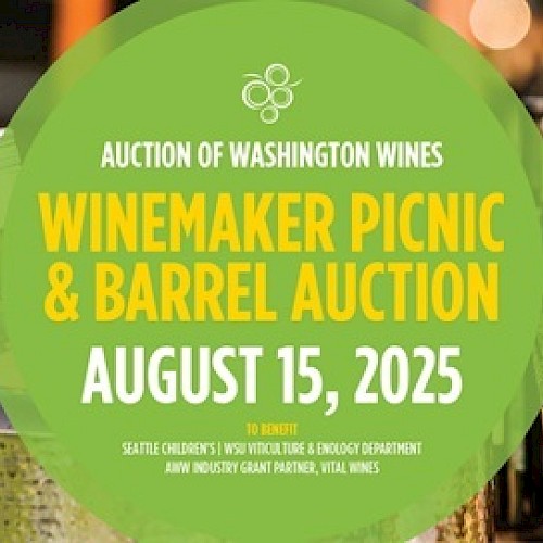 Image promoting a Winemaker Picnic & Barrel Auction on August 15, 2025, featuring Washington wines. Benefiting several organizations.