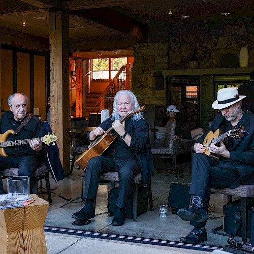 A three-member band plays acoustic instruments indoors at a cozy venue with wood accents, while people enjoy a live music performance.