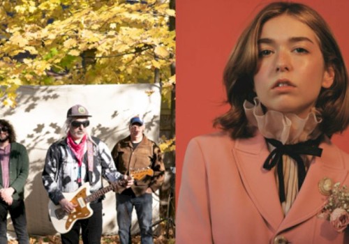 The image shows a group of three musicians with a guitar outdoors and a close-up of a person in a pink suit against a red background.