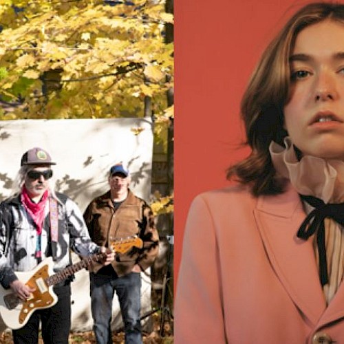 The image shows a group of three musicians with a guitar outdoors and a close-up of a person in a pink suit against a red background.