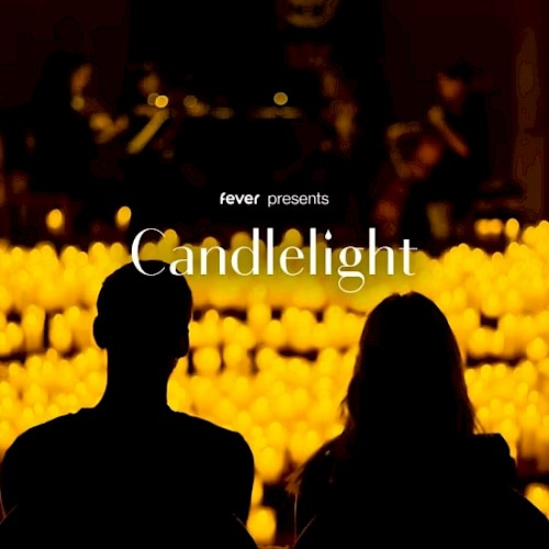 Silhouettes of two people sit facing many candles with text 