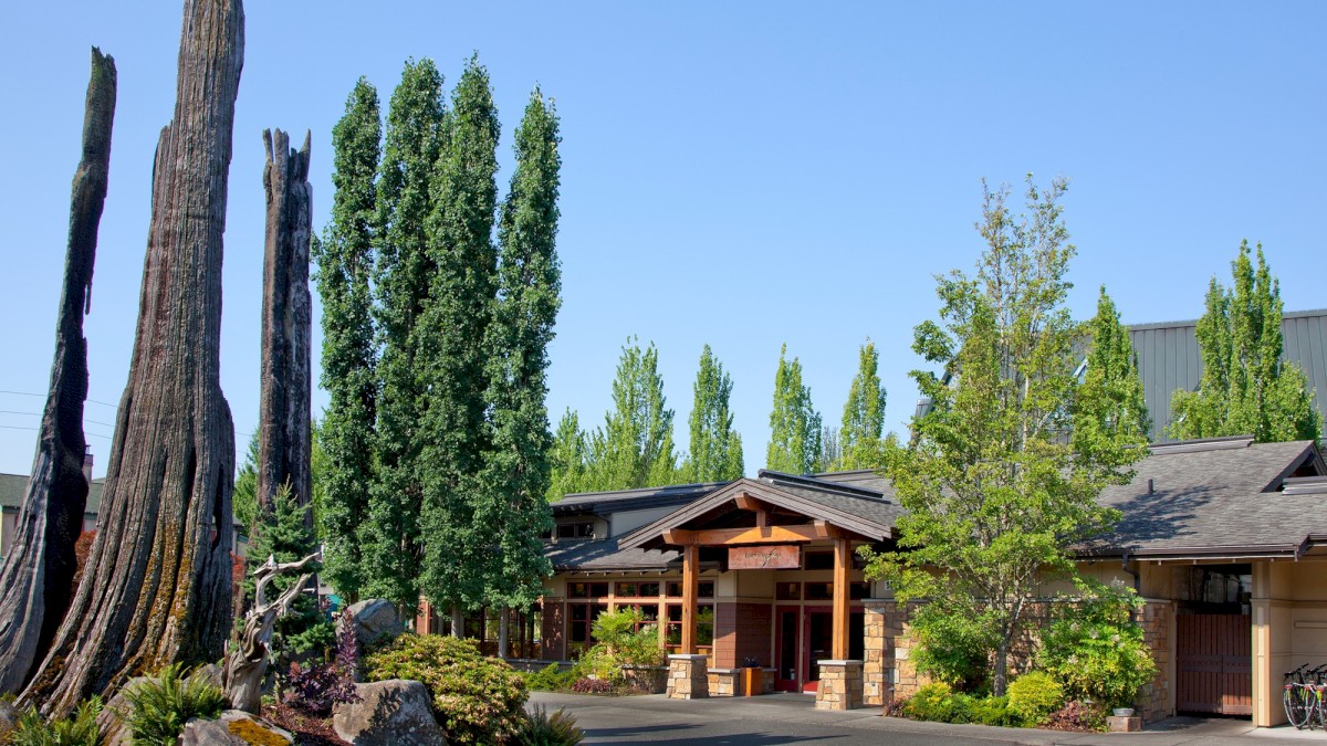 A building with a parking lot, surrounded by tall trees, rocks, and greenery under a clear blue sky.