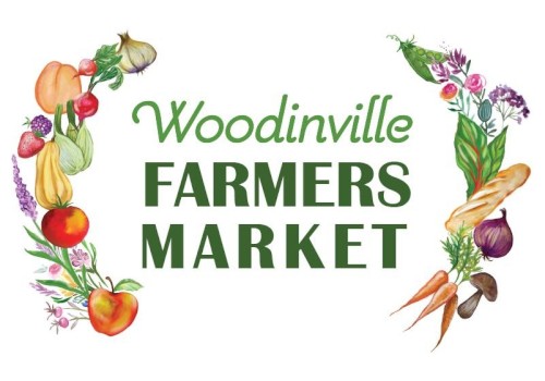 Woodinville Farmers Market graphic with fruits, vegetables, flowers, and food illustrations