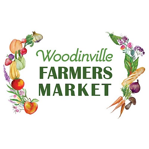 Woodinville Farmers Market graphic with fruits, vegetables, flowers, and food illustrations