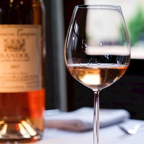 A glass of rosé wine is on a table next to a bottle with a blurred background view through a window in soft lighting.
