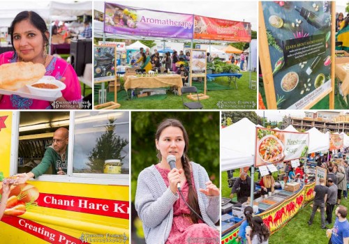 A vibrant outdoor event features food stalls, aromatherapy, a speaker, and a bustling crowd enjoying the atmosphere.