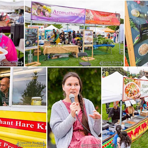 A vibrant outdoor event features food stalls, aromatherapy, a speaker, and a bustling crowd enjoying the atmosphere.